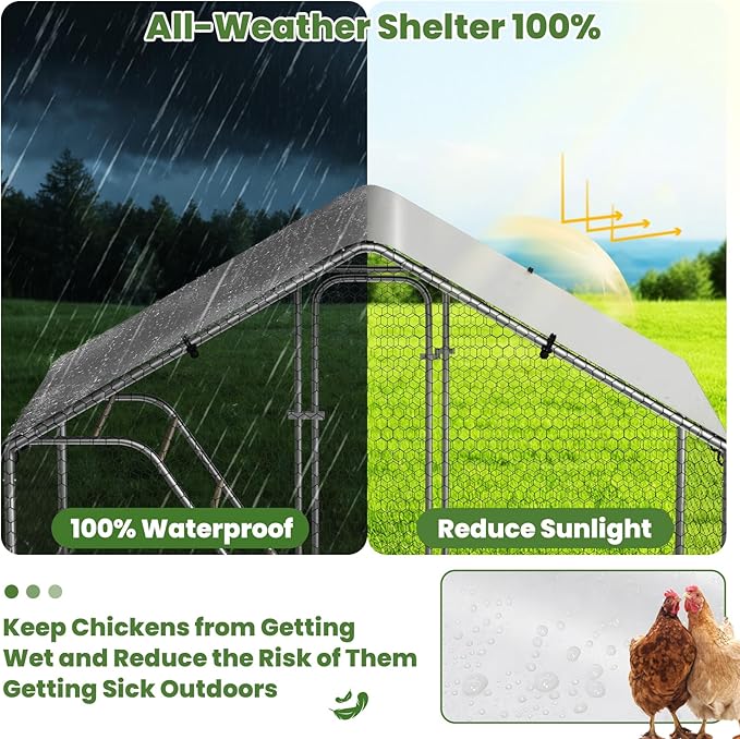 Large Metal Chicken Coop with Roosting Perch, UV-Resistant and Waterproof Cover, Chicken Run Outdoor Walk-in Cage Rabbit Duck Hen House for Yard Farm Use Spire Roof (10’ W x 4.9’ L x 6.4’ H)