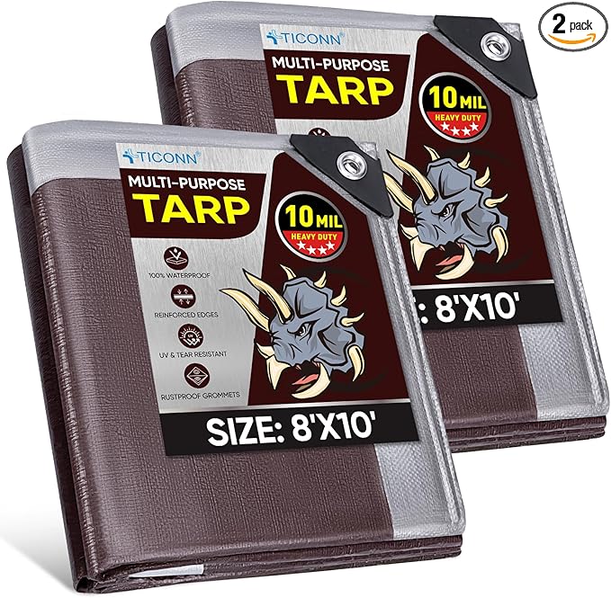 TICONN Heavy Duty Tarp Cover, Extra Thick Tarps Waterproof Tear and Rip Proof UV Resistant Tarpaulin with Reinforced Grommets and Edges (10 Mil/2PK, 8'x10')