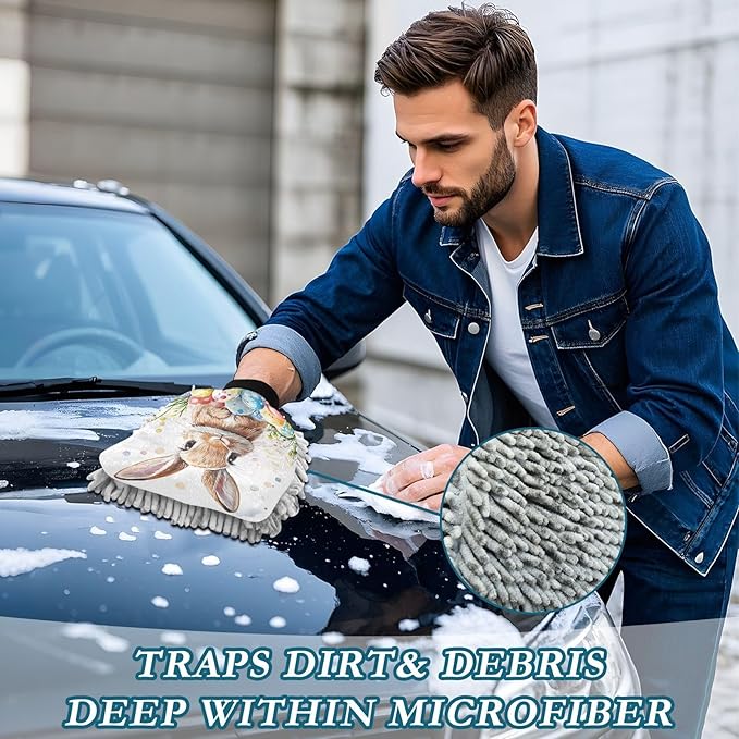 ALAZA Rabbit Bunny Easter Eggs Car Wash Mitt Scratch Free, 2 Pack Absorbent Microfiber/Chenille Washing & Drying Mitts, L