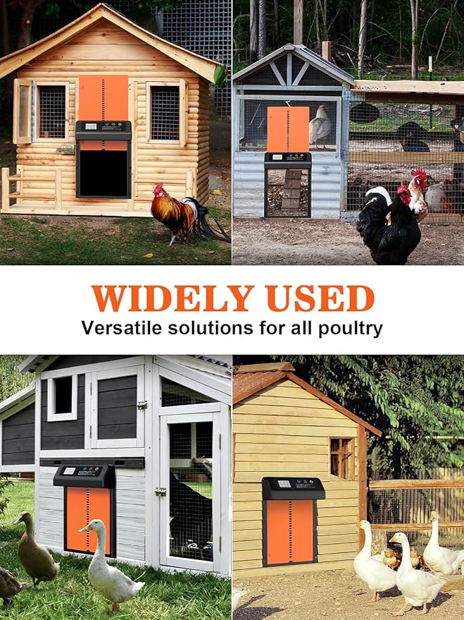 Automatic Chicken Coop Door, Aluminum Automatic Chicken Door with Anti-Pinch Feature, Timer and LCD Display (Black-Orange)