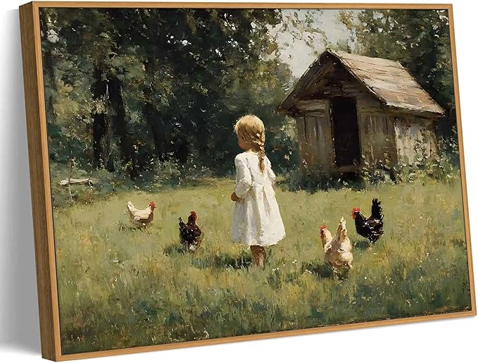 Framed Farm Girl Wall Art,Vintage Farmhouse Canvas Prints.Rural Cottagecore Chicken Picture Artwork,French Country Painting Wall Decor for Bedroom Living Room 8x10in