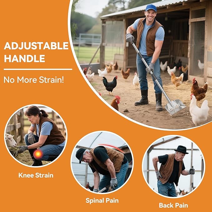 Chicken Poop Scooper: 2-in-1 Rake & Sifter - Silver Chicken Poop Shovel for Sand with Adjustable Stainless Steel Handle (35-59") for Small Spaces