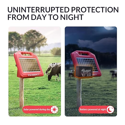 Andmon 50 Miles Solar Electric Fence Charger, 0.95 Joule High-Power Solar Fence Charger for Livestock, Horses, and Wildlife Control, Solar Electric Fence with Easy Installation
