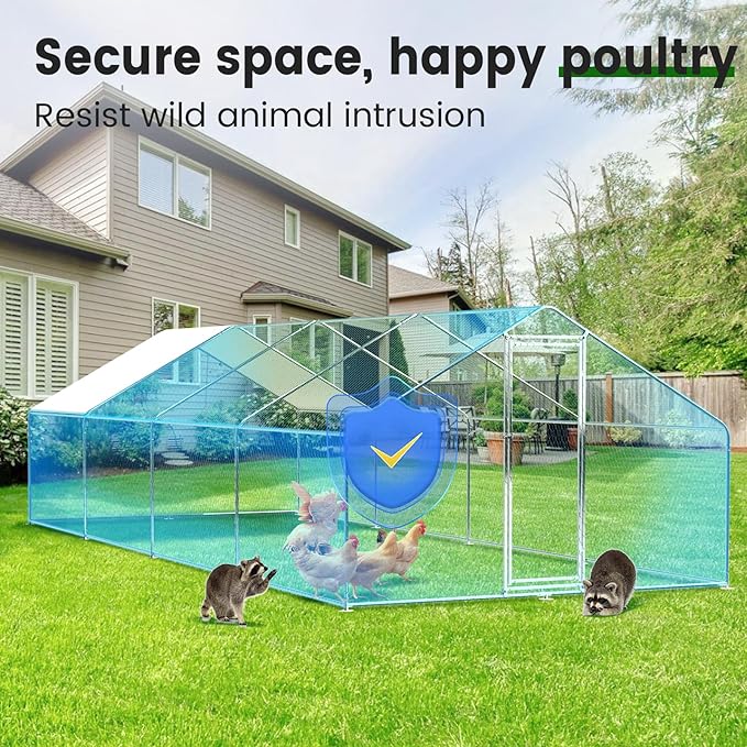Large Metal Chicken Coop (26' L x 9.8 W x 6.5' H) Walk-in Chicken Run Cages with Waterproof and Anti-Ultraviolet Cover for Outside Spire Top
