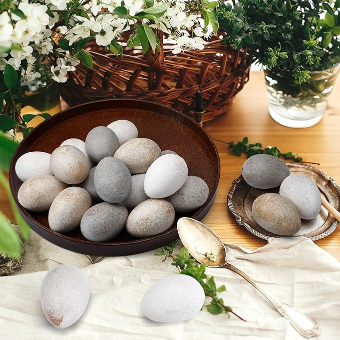 Gejoy 24 Pcs Easter Speckled Eggs Neutral Plastic Fake Chicken Eggs Pastel Textured Easter Decor Vintage Decorative Vase Bowl Fillers Farmhouse Spring Decorations for Home Table DIY Craft (Brown)