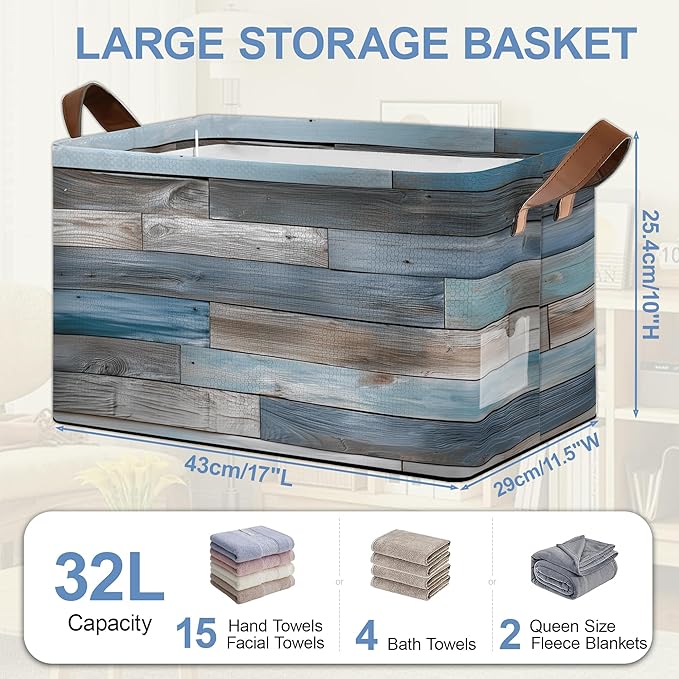 Vintage Wood Grain Storage Baskets,Barn Wooden Foldable Large Capacity Organizer Bins with Waterproof Lining and Leather Handles for Closet,Shelf,Bedroom 17x11.5x10Inch