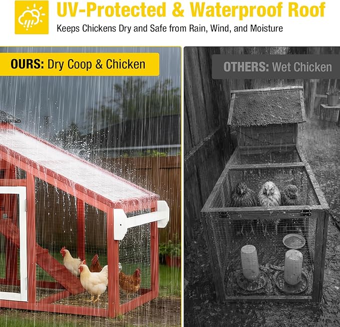 Aivituvin Mobile Chicken Coop with Wheels for 2-4 Chickens, Backyard Expandable Chicken House Duck Cage with Run, 2 Nesting Boxes, Easy Clean Pull-Out Tray, Leak-Resistant Asphalt Roof, 72.3"(Red)