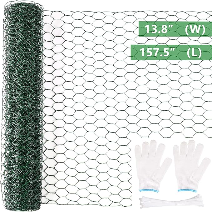 Aboofx Chicken Wire for Floral Arrangements 157.5 x 13.8 Inch Green Mesh Chicken Wire with 20 Zip Ties and 1 Pair of Glove Hexagonal Galvanized PVC Coated Netting Fence for Crafs Poultry Garden