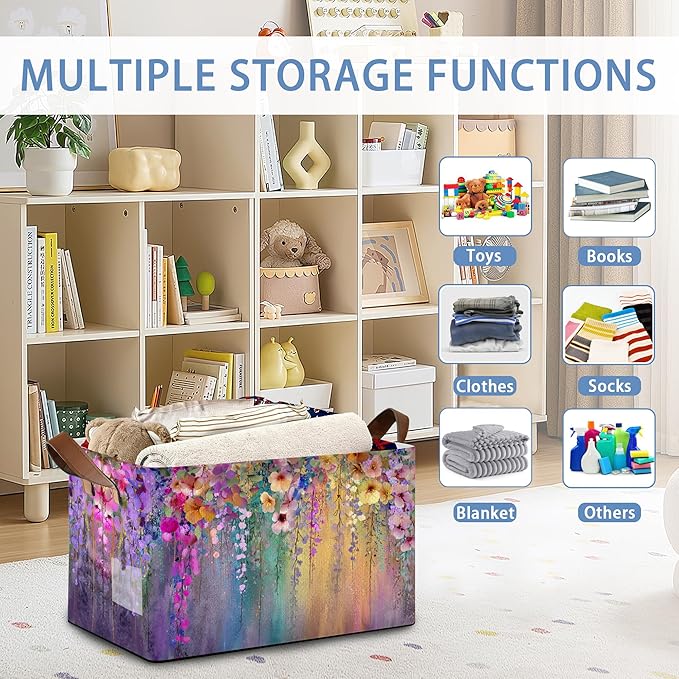 Colorful Flowers Collapsible Storage Box,Organizer Bin with Handles for Room Decoration,Bins Book Basket Box 17x11.5x10Inch