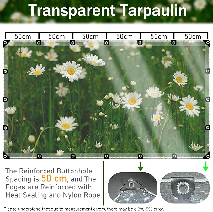 Clear Tarp Heavy Duty Waterproof 8x20ft, Transparent Vinyl Tarpaulin with Reinforced Grommets, Rainproof Cover for Greenhouse, Heat-Sealed Edges, Plant Protection, Chicken Coop, and Outdoor Garden