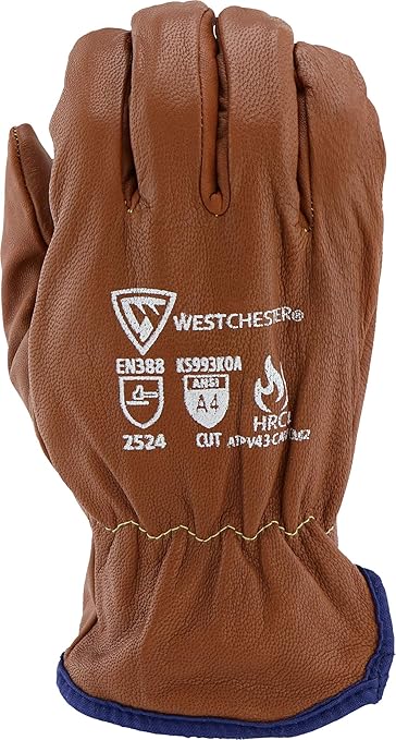 West Chester KS993KOA Goat Work Gloves – Brown, Large, 10.5 in., Arc Flash Leather Driver Gloves with Cut Resistant Lining, Oil Armor Finish