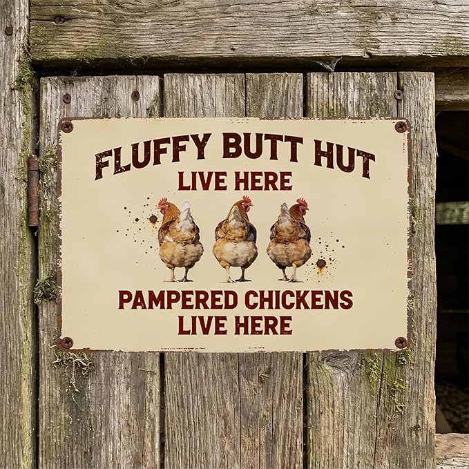 Funny Chicken Metal Sign Outdoor, Aluminum Farmhouse Wall Decor for Coop Door or Yard Area, Fluffy Humor Country Living Style, Rustic 8x12 Inch Gift