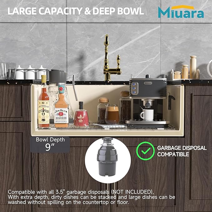 Bone Farmhouse Sink 33 Inch - Apron Front Kitchen Sink Reversible 33x18x10, Undermount Installation, Farm House Style Single Bowl, Heavy Duty Solid Fireclay, Bone Color, for Kitchen