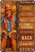 Vintage Cowgirl Tin Sign They Whispered To Her You Cannot Withstand The Storm Retro Inspirational Metal Poster Rustic Western Plaque Wall Decor For Home Bedroom Cafe Kitchen Bar 12 * 8In