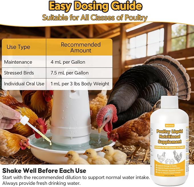 Liquid Poultry Supplement for Chickens, 8.5 fl oz – Energy & Vitamin Support for Weak or Stressed Birds, Ideal for Heat Stress, Appetite & Recovery, Mix in Water or Direct Oral Use, Dropper Included