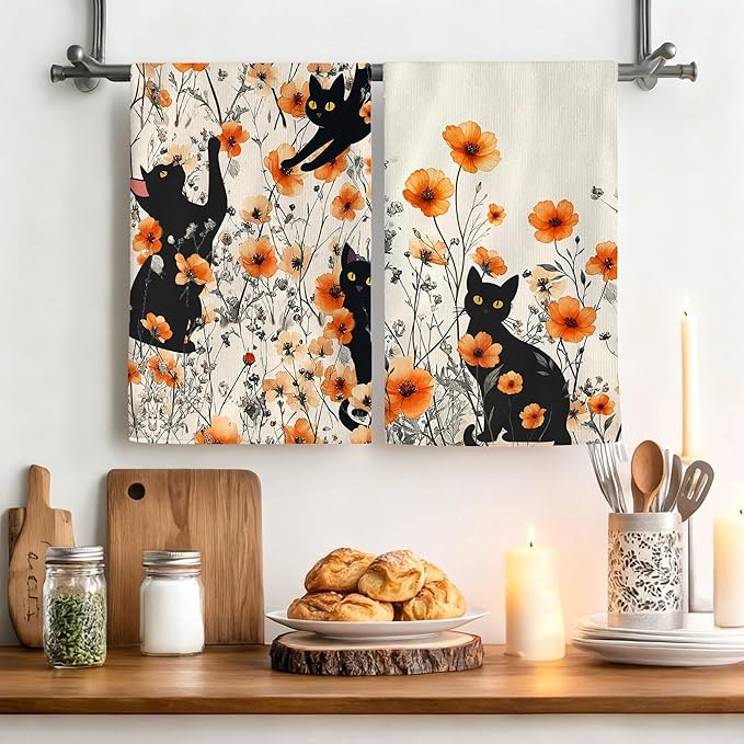 Black Cat Kitchen Towels Decorative Set of 4, Burnt Orange Floral Dish Towels Dish Cloths for Drying Cleaning, Soft Absorbent Cute Hand & Tea Towel, Cat Lover Kichen Decor & Gifts for Women