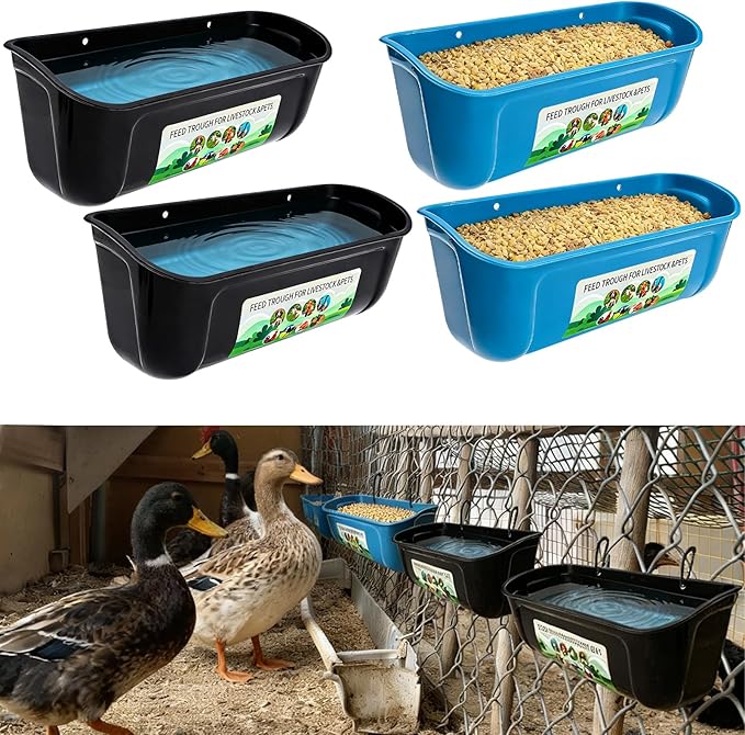 Duck Water Feeder,4 Pack Hanging Ducks Feeder and Ducks Waterer Set,Drake Fence Feed Trough with Clips, Poultry Livestock Food Water Feeding Container or Hen Coop, Duck Cage and Mallard Houses