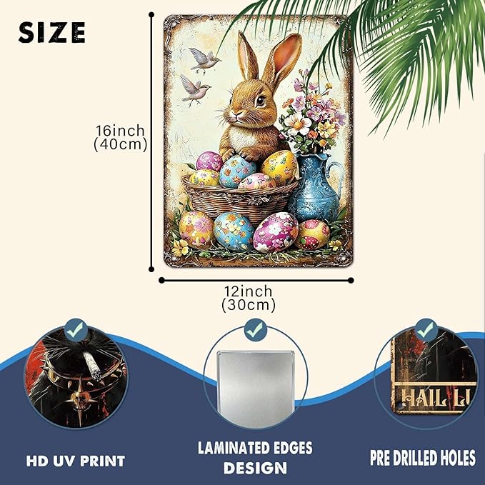 YoyaVex Easter Tin Sign Bunny Room Decor Vintage Metal Wall Art Sign for Home Apartment Wall Garden Bathroom 12X16Inch