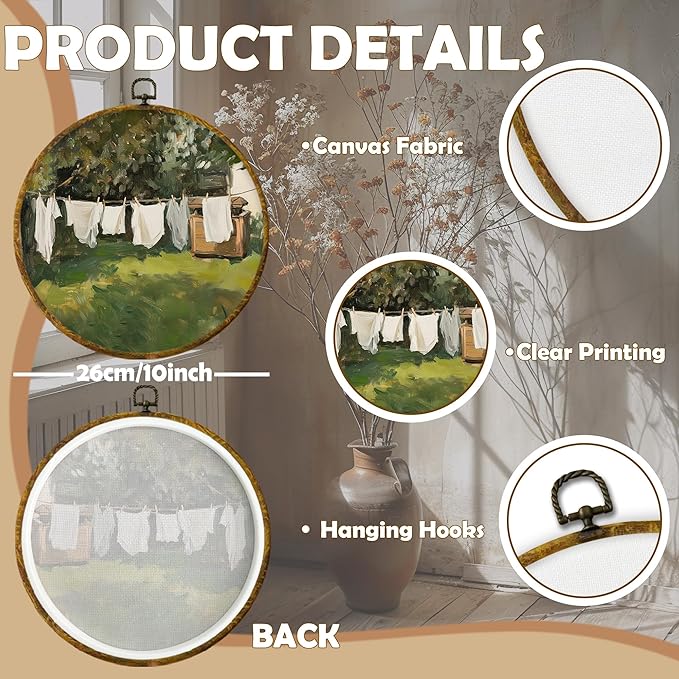 CUANFDDSF Vintage Rustic Farmhouse Round Wall Art, Country Laundry Day Framed Hanging Wall Decor, Retro Cottagecore Landscape Canvas Prints Decorations for Washroom Bathroom Laundry Room, 10x10 Inch