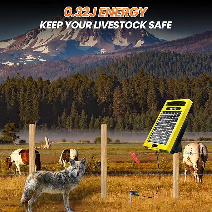 24 Hour Solar Electric Fence Charger, 20 Miles, Up to 10200v Output Range Electric Fence Charger, 0.32J Portable Energizer with Rechargeable Solar Panel for Livestock & Predator Protection