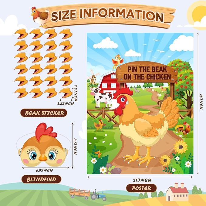 Faccito Farm Animal Games Pin The Beak on The Chicken Barnyard Birthday Party Decorations Farm Poster Games with 24 Stickers Eye Mask for Kids Family School Activities Birthday Party Decor Supplies