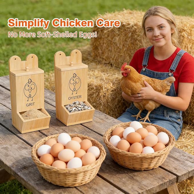 2Pack Chicken Grit Feeder, Wooden Oyster Shell with Magnetic Lid and Drain Holes, Hanging Gravity Chicken Grit Feeder, Coop Accessories for Hens and Chicks