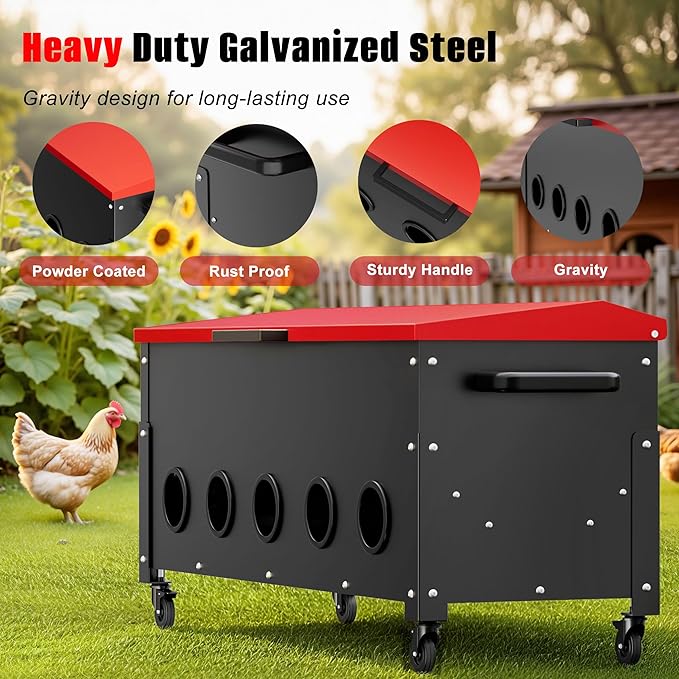 120lb Automatic Metal Chicken Feeder, Heavy Duty Gravity Chicken Feeder Box with Weatherproof Lid Brake Casters,Portable Chicken Feede No Waste Poultry Feeder for Ducks, Geese