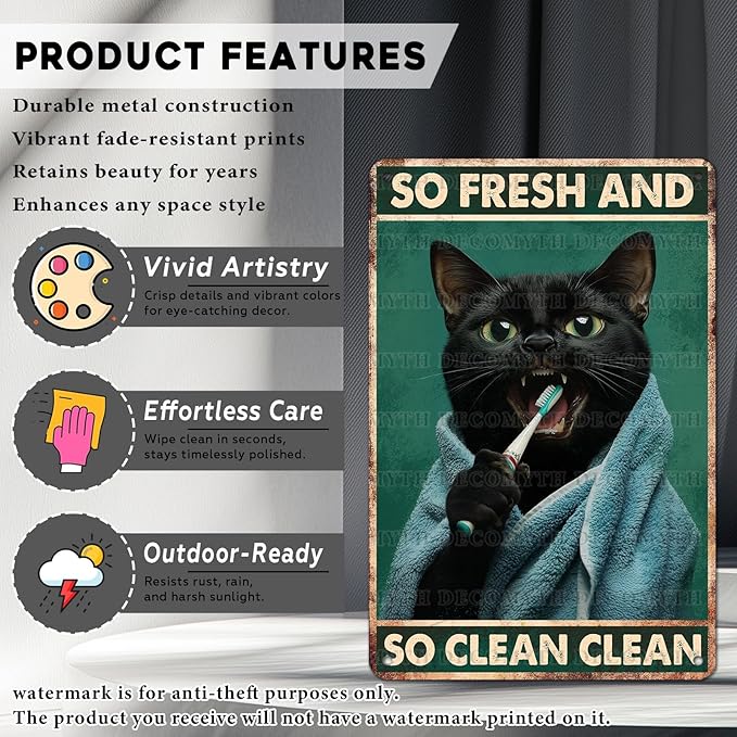 Vintage Black Cat Tin Sign So Fresh And So Clean Clean Retro Wall Decor Decorations for Home Funny Cats Lovers Poster Indoor Store Cafe Toilet Bathroom Restroom Bar Pubs Farmhouse 12 * 8inch