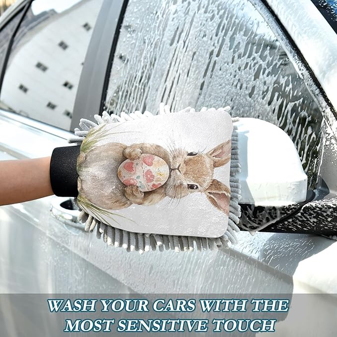 ALAZA Bunny Rabbit Easter Egg Car Wash Mitt Scratch Free, 2 Pack Absorbent Microfiber/Chenille Washing & Drying Mitts, L