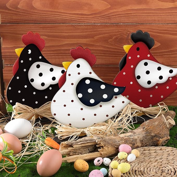 3 Pcs Rooster Decor Chicken Table Sign Easter Wooden Chickens Centerpieces with Raffia Farmhouse Rooster Birthday Party Decor Hen for Home Table Desk Door Shelf Chicken Party Easter Gift