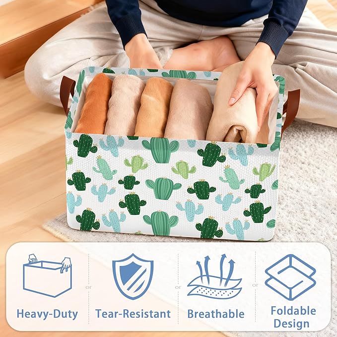 Cactus Tropical Storage Basket,Collapsible Storage Bin Cubes for Living Room Bedroom Blankets Home Storage 17x11.5x10Inch