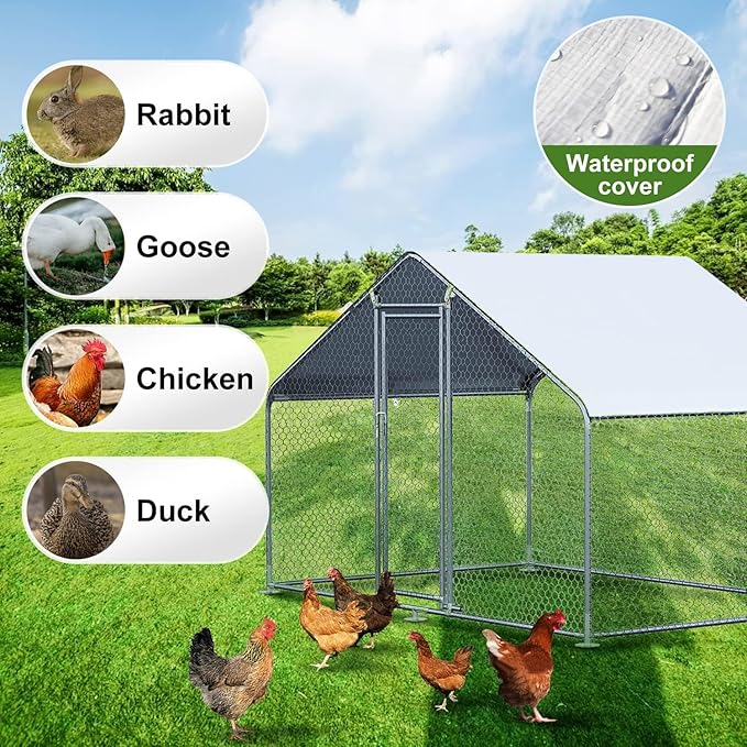 Chicken Coop Large Metal Chicken Coops House/Pen for 6-10 Chickens with Waterproof Cover Walk-in Poultry Cage for Chickens Chicken Run for Outdoor Farm Use