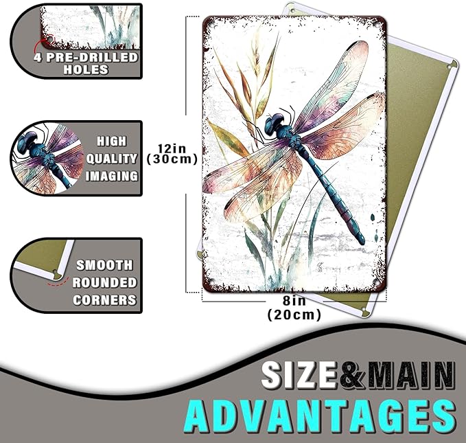 Dragonfly Garden Decor Watercolor Dragonfly Metal Tin Sign Vintage Wall Art for Home Decor Patio Garden Outdoor & Indoor Nature Inspired 12x16inch