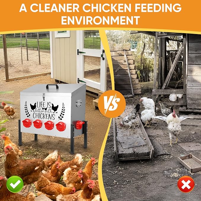95 lb Chicken Feeder with 10 No-Waste Ports – Extra-Large Galvanized Metal Poultry Feeder with Adjustable Height Heavy-Duty Stand – Outdoor Feed Box for Chickens, Ducks & Geese