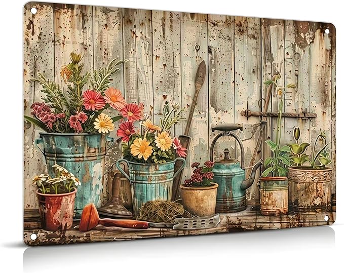 Vintage Flower Garden Metal Sign Rustic Farmhouse Daisy Floral Wildflowers Tin Signs Still Life Gardening Aluminum Wall art for Home Garden Patio Farm Yard Bar Bathroom Decor 8x12 Inch