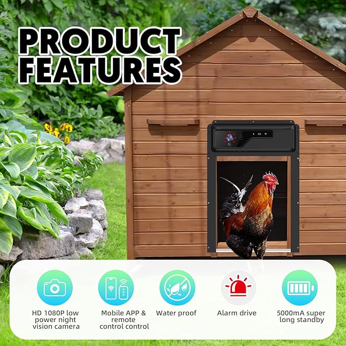 Automatic Chicken Coop Door with HD1080P Camera，Electric Auto WiFi Solar Chicken Coop Door Opener with Timer,Remote Control, APP Control, 5000mA Battery, Night Vision, Alarm Drive,Roll-up Gate