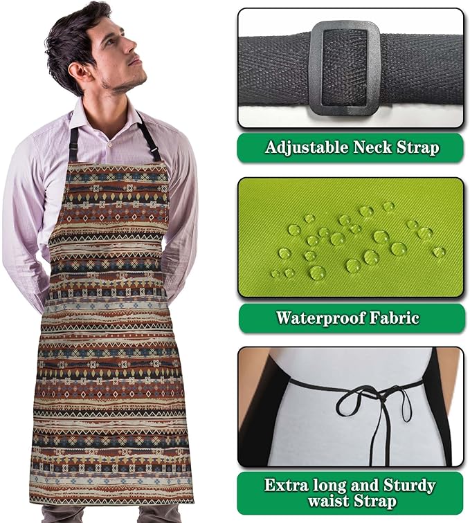 Garden Apron for Men Boho Style Ethnic Pattern Cooking Aprons for Women for Kitchen Cooking Restaurant BBQ Painting Crafting Gardening 27” (W) x 31” (H), Waterproof Aprons