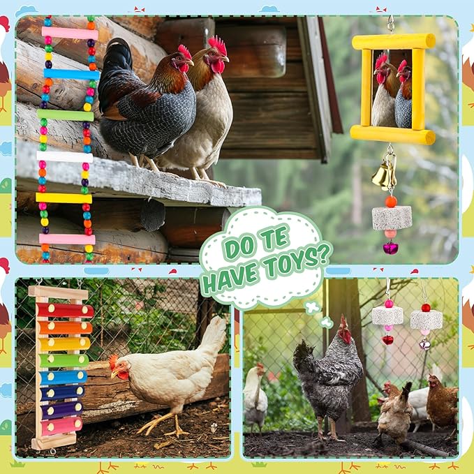 Ripeng 7 Pcs Chicken Toys for Coop Set Chicken Enrichment Toys Including Xylophone Mirror Large Chick Beak Grinding Calcium Stone Ladder with Bell Accessories for Coop Hens Parrots