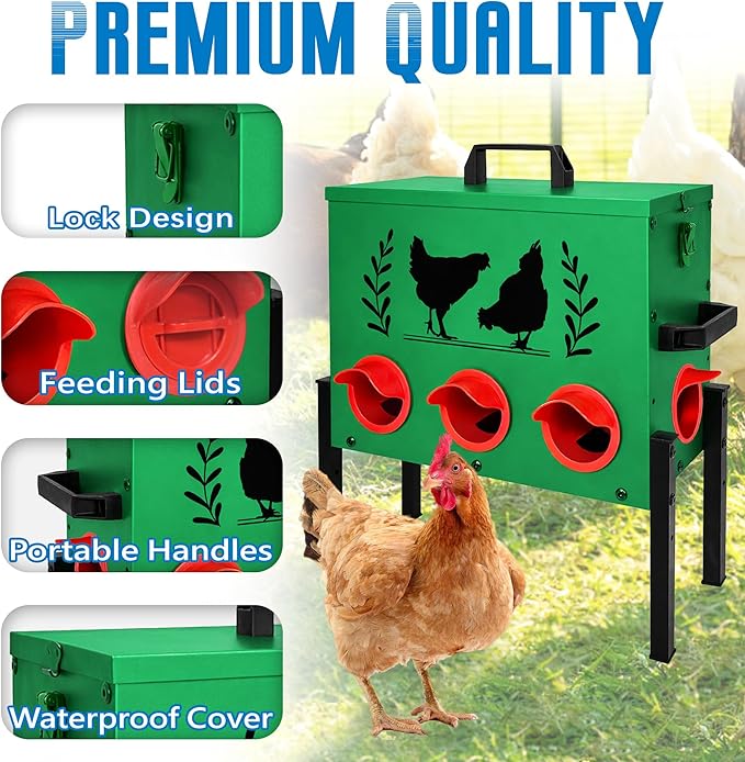 Chicken Feeders, 50 lb Capacity 8 Port Automatic Chicken Feeder, Metal Chick Feeders with Locking Lid and Legs, Chicken Feeder for Chickens, Ducks, Geese, Green
