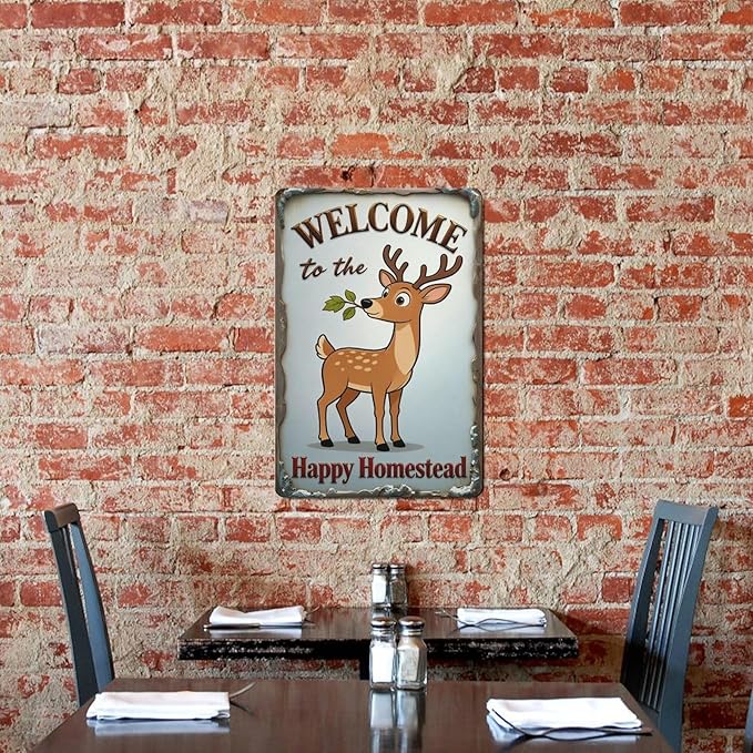 Deer Metal Tin Sign 12x8 Inch – “Welcome to the Happy Homestead” Vintage Farmhouse Wall Decor Wall Art Plaque for Porch Entryway Home