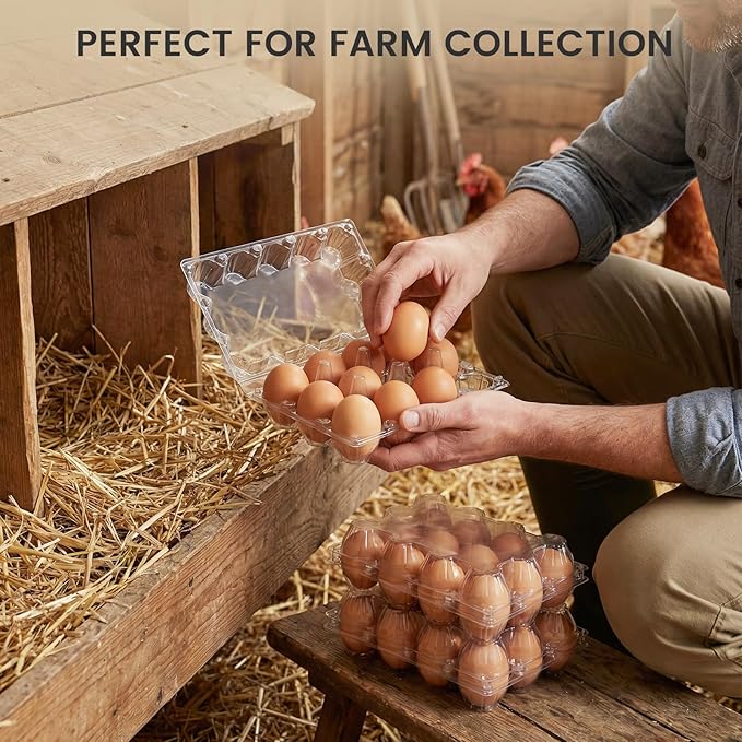 LOVEINUSA 60 Pack 12-Count Clear Plastic Egg Cartons with 60 Date Labels, Reusable PET Dozen Egg Holders for Medium Chicken Eggs, Clamshell Cartons for Farm, Home Fridge & Market Display