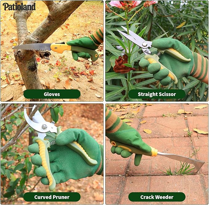 10-Piece Garden Tool Set, Green Gardening Hand Tools Kit with Non-Slip Handles, Heavy Duty Rust-Proof Aluminum Tools, Organizer Tote Bag & Gardening Gloves, Ideal Gardening Gifts for Men and Women