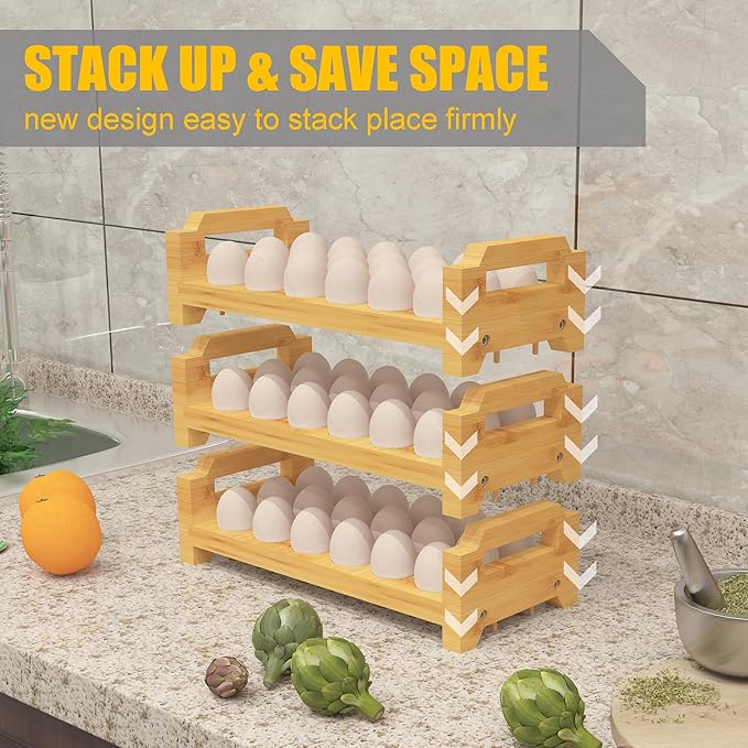 Bamboo Egg Holder Countertop - Stackable Design for Fresh Eggs, Farmhouse Egg Tray Storage Display Rack, Kitchen Counter Top Organizer Wooden Egg Stand, Fits Quail, Duck, Turkey, Chicken Eggs (Luxury)