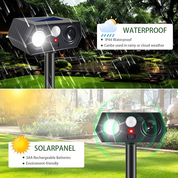 Sonic Racoon Fortress Pro IP65 Solar Ultrasonic Animal Repellent Outdoor Deer Repellent Devices Cat Deterrent Deer Alarms for Gardens with Motion Sensor&Light Rabbit Squirrel Skunk Dog Repeller(4)