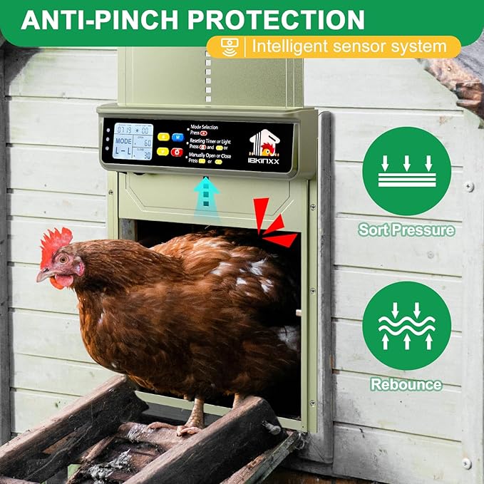 Automatic Chicken Coop Door Solar Powered with Timer, Light Sensor, Remote Control, LCD Display, Aluminum Alloy 4 Auto Modes Wide Chicken House Door, Green