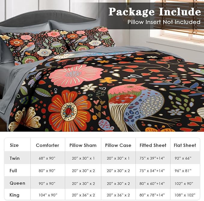 Comforter Set King Size, Retro Floral Bird 7 Pcs Bedding for Kids and Adults, Vintage Chinese Flower Bed Sheet Sets with Fitted Sheet 2 Pillowcases & 2 Shams for Bedroom Bed Decor