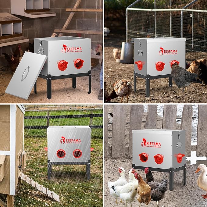45 LB Automatic Chicken Feeder Metal Kit with Legs Locking Lid 6 Ports Large Poultry Feeder Vegetable Hanging String Bag Leg Rings Duck Chicken Coop Chick Feeder System Food Dispenser No Waste