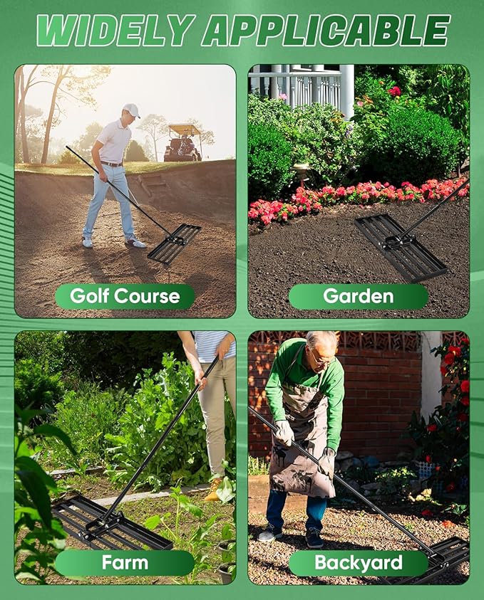 Saker Lawn Leveling Rake 30x10 Inch, 73-Inch Heavy Duty Lawn Leveler Tool with Stainless Steel Handle for Lawns, Backyard, Garden, Golf Course, Farm - Black