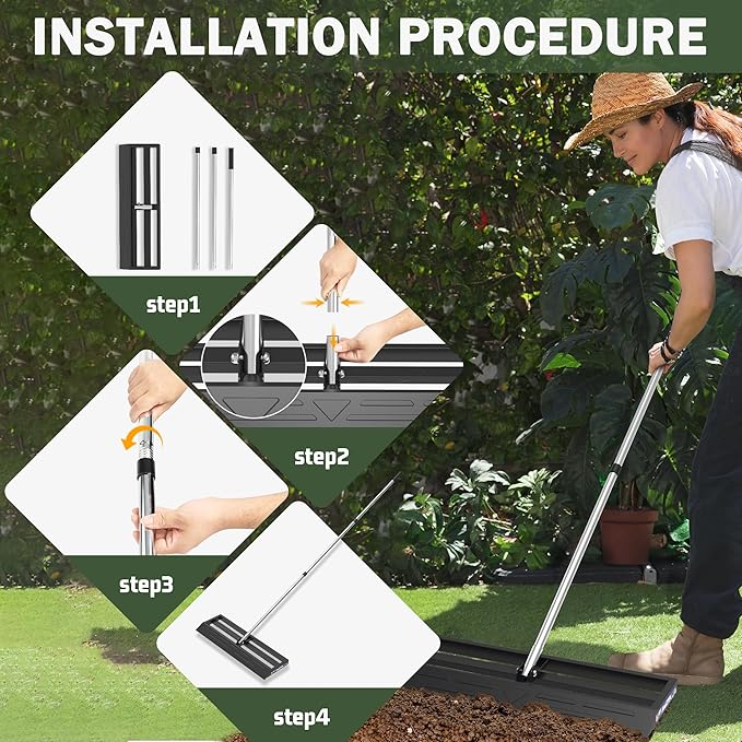 Lawn Leveling Rake 30x10 inch, Leve Lawn Tool with Stainless Steel, Lawn Leveler 27-80" Adjustable Handle, Yard Leveling Rake Heavy-Duty for Garden, Golf Course, and Farm