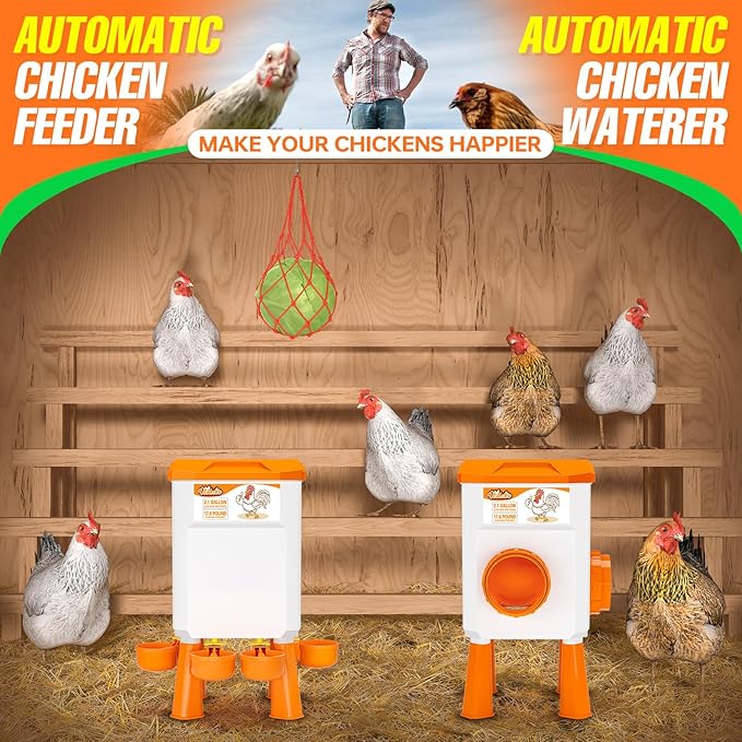 Chicken Feeder and Waterer Set, 2.1 Gallon/17.6 Pounds, Automatic Chick Feeder and Waterer Set No Waste, Chicken Lover Gifts for Women Men